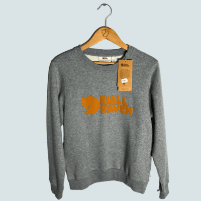 Fjällräven, women's college sweatshirt, grey with orange logo, small.